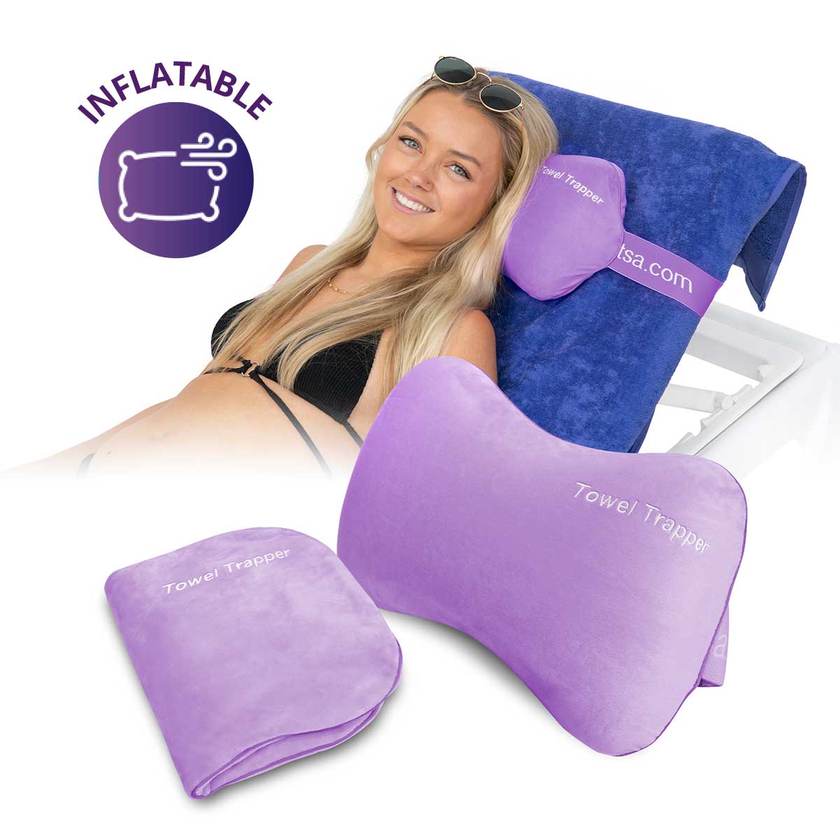 A women get comfortable by wearing Inflatable Beach Pillow Towel Trapper of ITSA